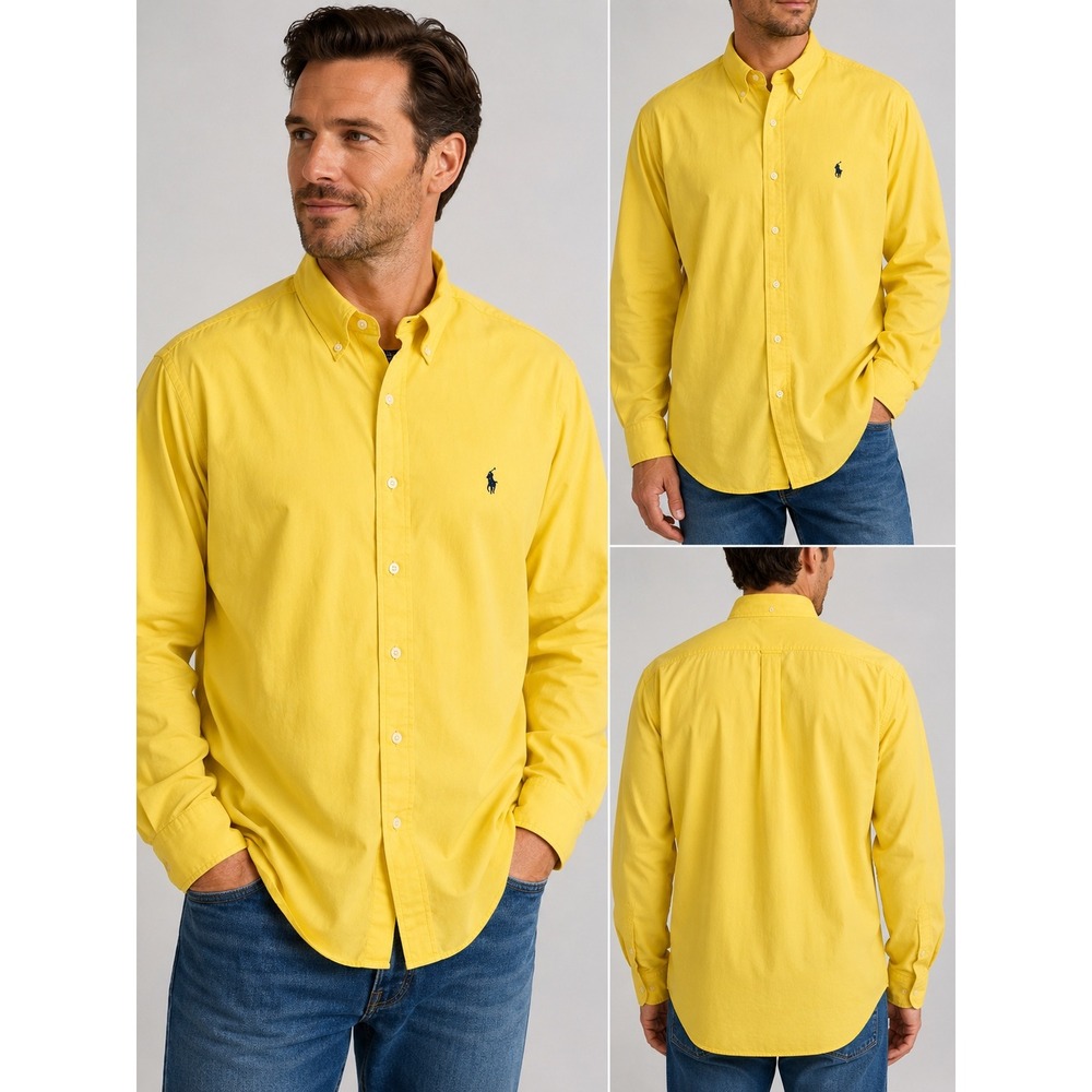 Ralph Lauren Blake XL Mens Yellow Cotton  Button Down Shirt Navy Pony Size L